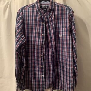 Chaps Shirt Mens‎ Large Red White Blue Plaid Button Down Long Sleeve Stretch